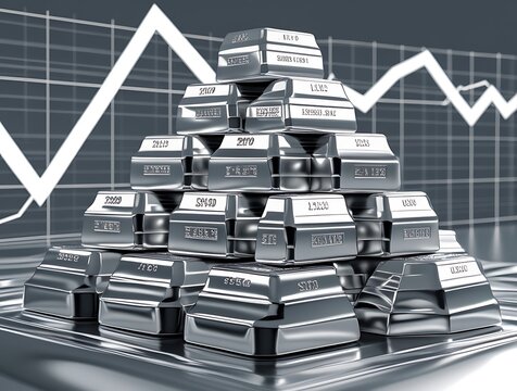 
Analyzing the global silver market trends, this image showcases stacked silver bullion bars with a financial chart in the background, representing investment strategies, wealth management, and precio