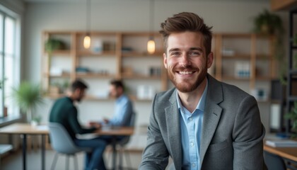 A young man with a stylish beard and a sharp suit smiles confidently in a contemporary office setting. The background features colleagues engaged in discussion, highlighting a collaborative and