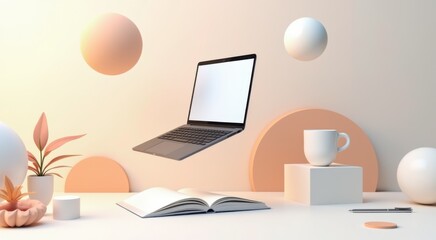 Laptop computer sitting on a desk with a cup of coffee