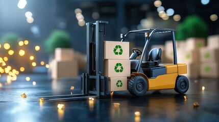 Illustration of an EV forklift transporting eco-labeled boxes