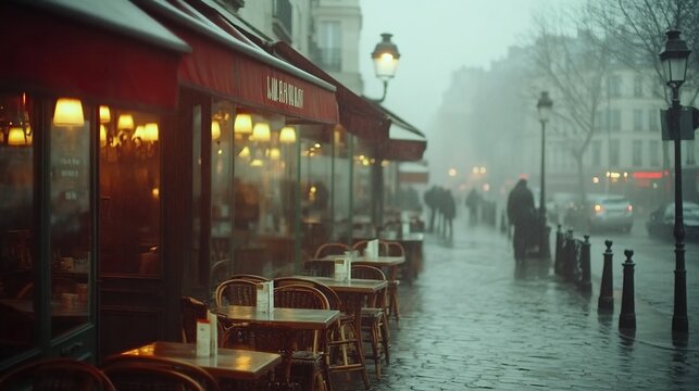 Rainy Parisian street scene with cafe.