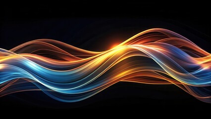 Abstract flowing luminous waves of orange and blue hues on a dark background
