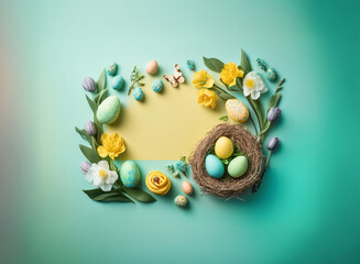 Pastel Easter eggs, yellow flowers, and green leaves arranged around a pale yellow center on a teal background.  A bird's nest with eggs is the focal point. Spring, festive, and celebratory.