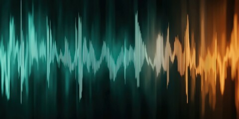 A vibrant audio waveform displaying dynamic frequencies in teal and orange, representing sound waves and audio visualization.