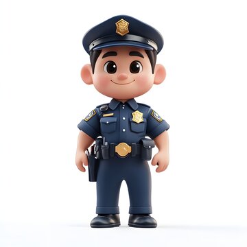 A charming 3D rendered illustration of a friendly cartoon police officer. Adorable 3d character Police