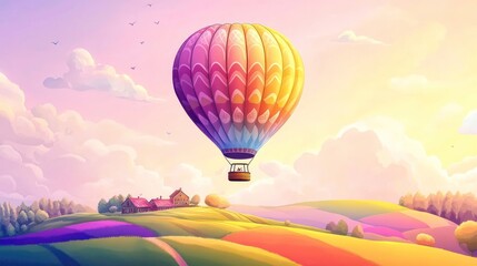 Fototapeta premium A colorful hot air balloon floats over vibrant hills and a quaint farmhouse at sunset.