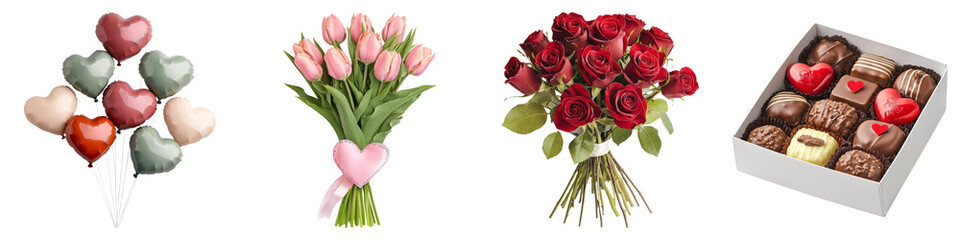 valentine clipart concept. Colorful floral arrangements and chocolates  on Transparent background.