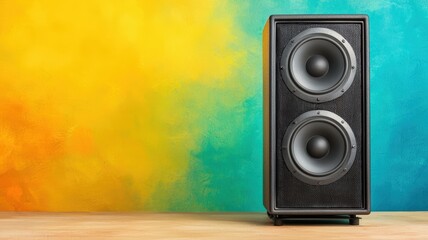 A stylish speaker stands against a vibrant, colorful backdrop, creating a lively atmosphere perfect for music lovers.