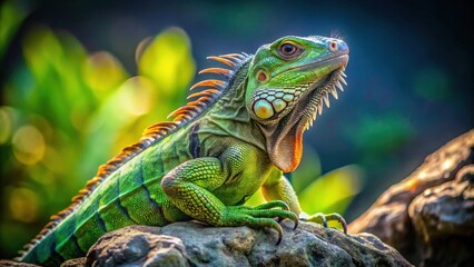 Fototapeta premium Vibrant Green Iguana Perched on a Rock, Basking in the Sunlight, Displaying its Striking Scales and Crest