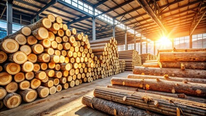 Sunlit Warehouse Stacked with Timber Logs for Construction and Manufacturing