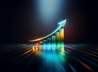 Luminous bar graph with upward arrow, showcasing vibrant growth and progress on a dark, reflective surface, suggesting technological advancement and future success.