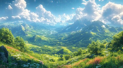 Fototapeta premium Lush green valley with majestic mountains under a vibrant blue sky.