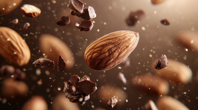 A collection of almond nuts with crispy chocolate, floating in the air, uhd image, free-associative, back button focus, functionality emphasis, portraits with soft lighting