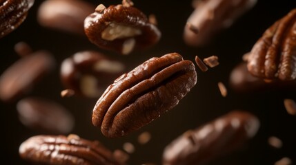 a collection of pecan nuts with crispy chocolate, floating in the air, uhd image, free-associative, back button focus, functionality emphasis, portraits with soft lighting