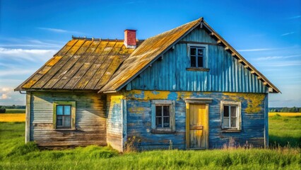 Rustic weathered farmhouse with peeling paint, sits in a vibrant green field under a bright blue sky
