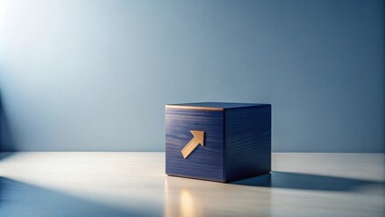 Dark Blue Wooden Cube with Light Brown Arrow Upward on a Light Surface