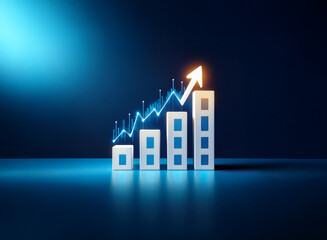 Illuminated upward trending bar graph symbolizes growth and progress, set against a dark blue background. The rising arrow emphasizes future success and potential.