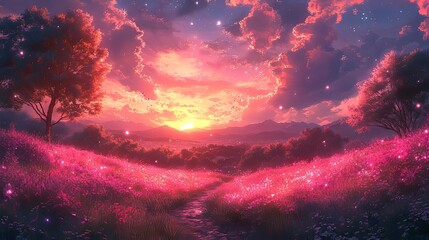 Fototapeta premium A vibrant sunset over a lush meadow filled with pink flowers and enchanting colors.
