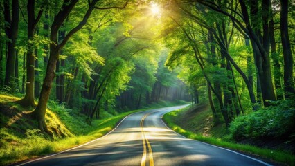 Obraz premium Sunlit Winding Road Through Lush Green Forest Canopy