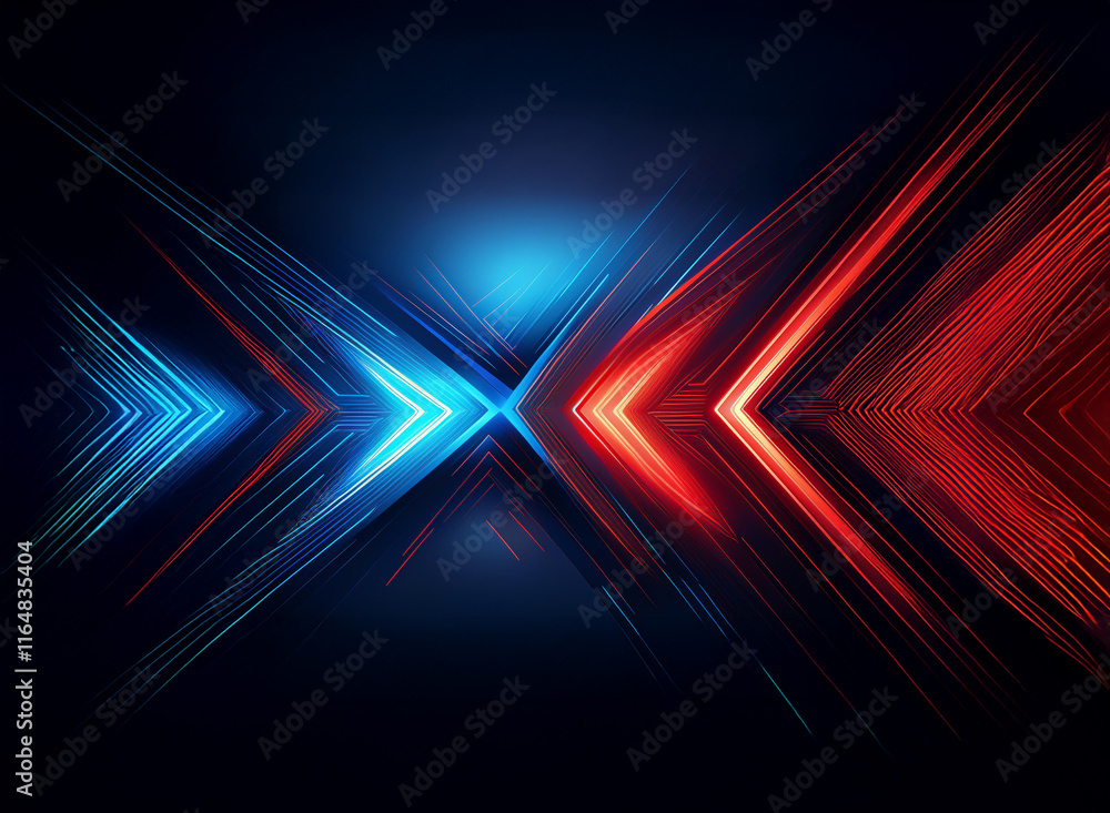 Poster abstract digital art depicting intersecting red and blue light streaks, creating a dynamic, symmetri