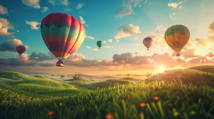 Fototapeta premium Scenic Illustration of Colorful Hot Air Balloons Over Vibrant Landscape at Sunset
