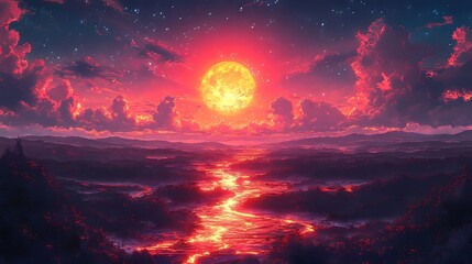 Fototapeta premium A breathtaking sunset over a volcanic landscape, bathed in vibrant crimson hues.