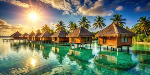 Fototapeta premium Serene Sunset Over Water Villas in Tropical Paradise