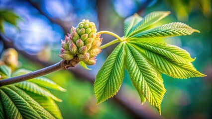A vibrant close-up showcasing the delicate unfolding of a spring leaf and bud on a tree branch
