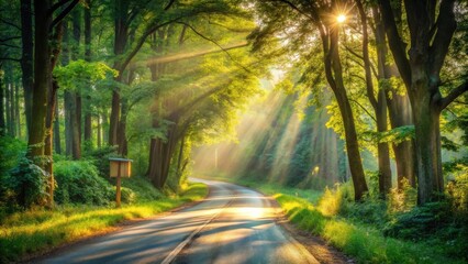 Obraz premium Sunlit Pathway Through a Lush Green Forest Canopy