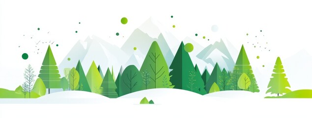 Obraz premium Green forest landscape with snowy mountains.