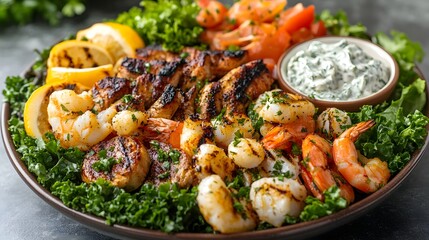 Fototapeta premium A vibrant halal Mediterranean seafood platter with grilled shrimp, fish, calamari, and tzatziki sauce, served on a large plate with fresh greens