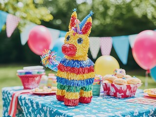 Naklejka premium A vibrant birthday celebration at a park with colorful streamers hanging from trees, a piñata being hit by children, and balloons tied to picnic tables. Add detailed patterns on the decorations 