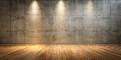 Empty Room with Concrete Wall and Hardwood Floor, Illuminated by Spotlights