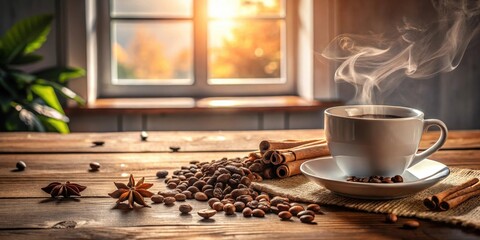 Aromatic Coffee Steam Rising from a Mug on Rustic Wood Table with Cinnamon Sticks and Coffee Beans