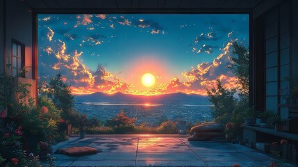 Breathtaking sunset view from a serene Japanese-style room.