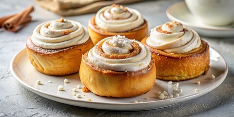 Sweet Cinnamon Rolls with Creamy Frosting, a Delightful Baked Treat on a Plate