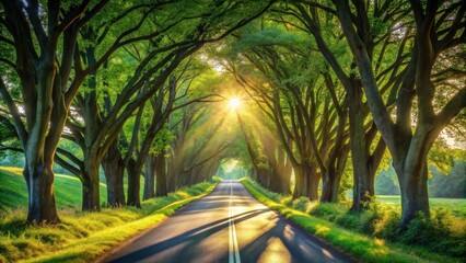 Sunlit Road Through Lush Tree Canopy A Scenic Summer Drive