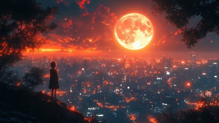 A girl stands alone, gazing at a glowing orange moon over a vibrant city skyline.