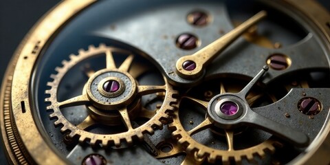 Intricate Clockwork Mechanism A Detailed Close-Up of Golden and Gray Gears Interlocking with Precision