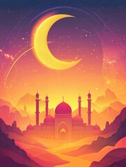 Design a vibrant Ramadan poster background with a majestic desert landscape. 