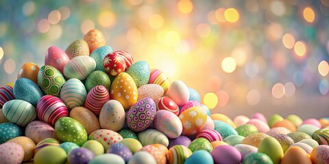 Fototapeta premium A Colorful Pile of Decorated Easter Eggs Against a Festive Bokeh Background