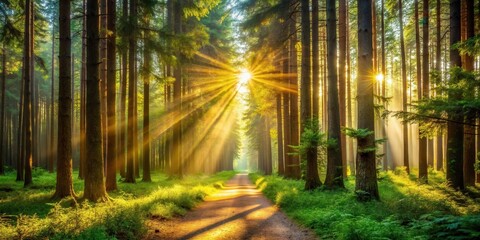 Obraz premium Golden sun rays illuminate a tranquil forest path
