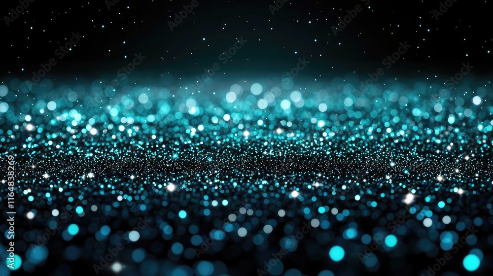 Poster starry abstract background idea. a mesmerizing display of shimmering teal glitter particles on a dar
