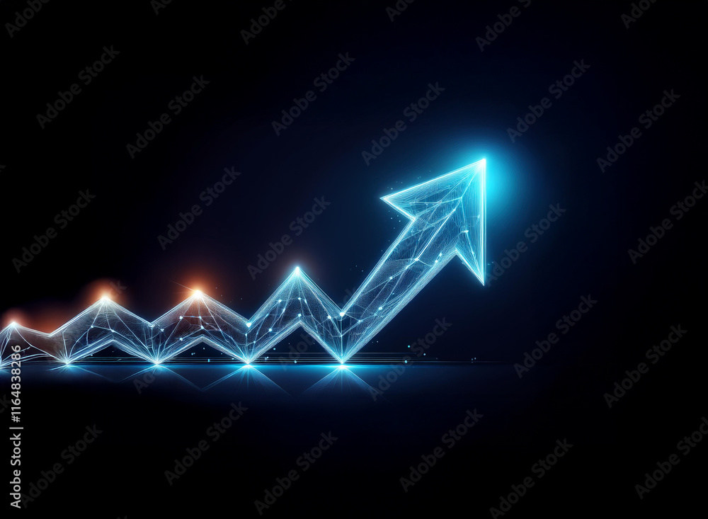 Poster glowing blue arrow graph points upward, symbolizing growth and progress against a dark background. t
