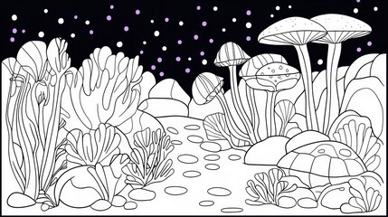 Obraz premium A vibrant underwater city coloring book page with mermaids shopping at coral stalls, glowing lanterns lighting the streets, and turtles swimming by. Include intricate coral designs and tiny 