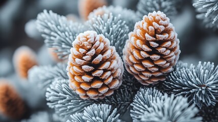 Frost Covered Pine Cones On Winter Branch