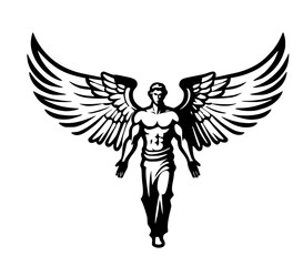 black and white illustration of an angel with wings.