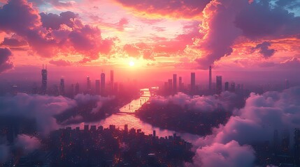 Vibrant sunset over a futuristic city skyline reflecting on water.