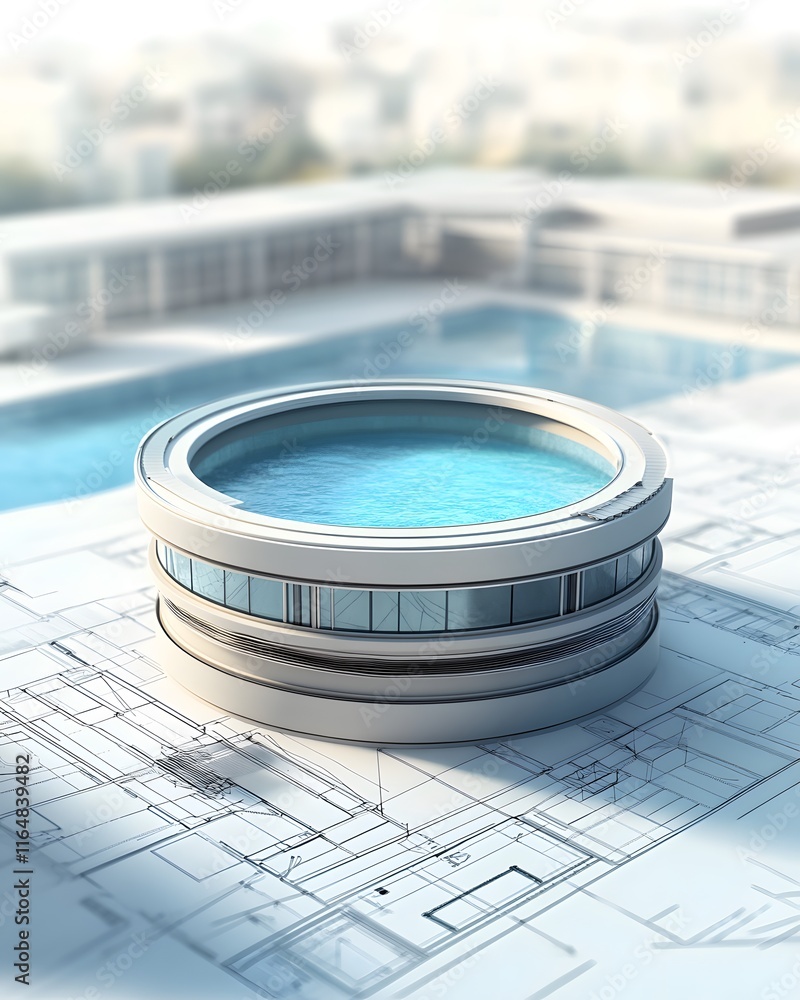 Poster 3d model of cylindrical pool structure on architectural plans