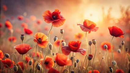 Vibrant Red Poppies in a Sunset Meadow, Illuminated by Golden Hour Light
